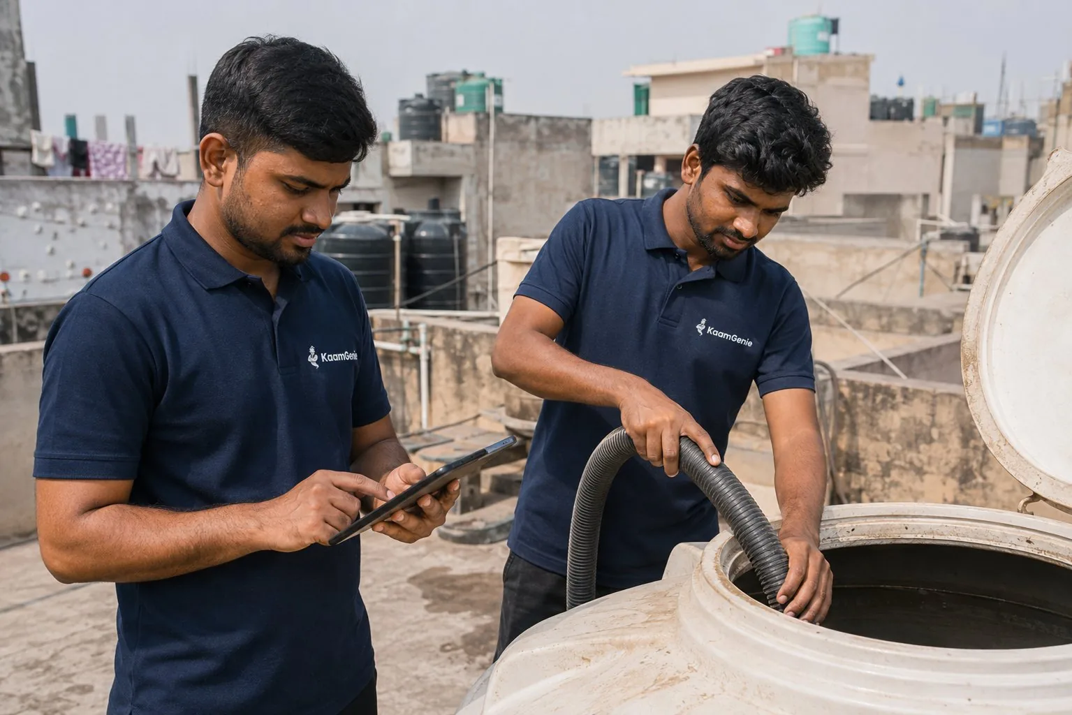 KaamGenie crew cleaning a water tank on a Delhi rooftop