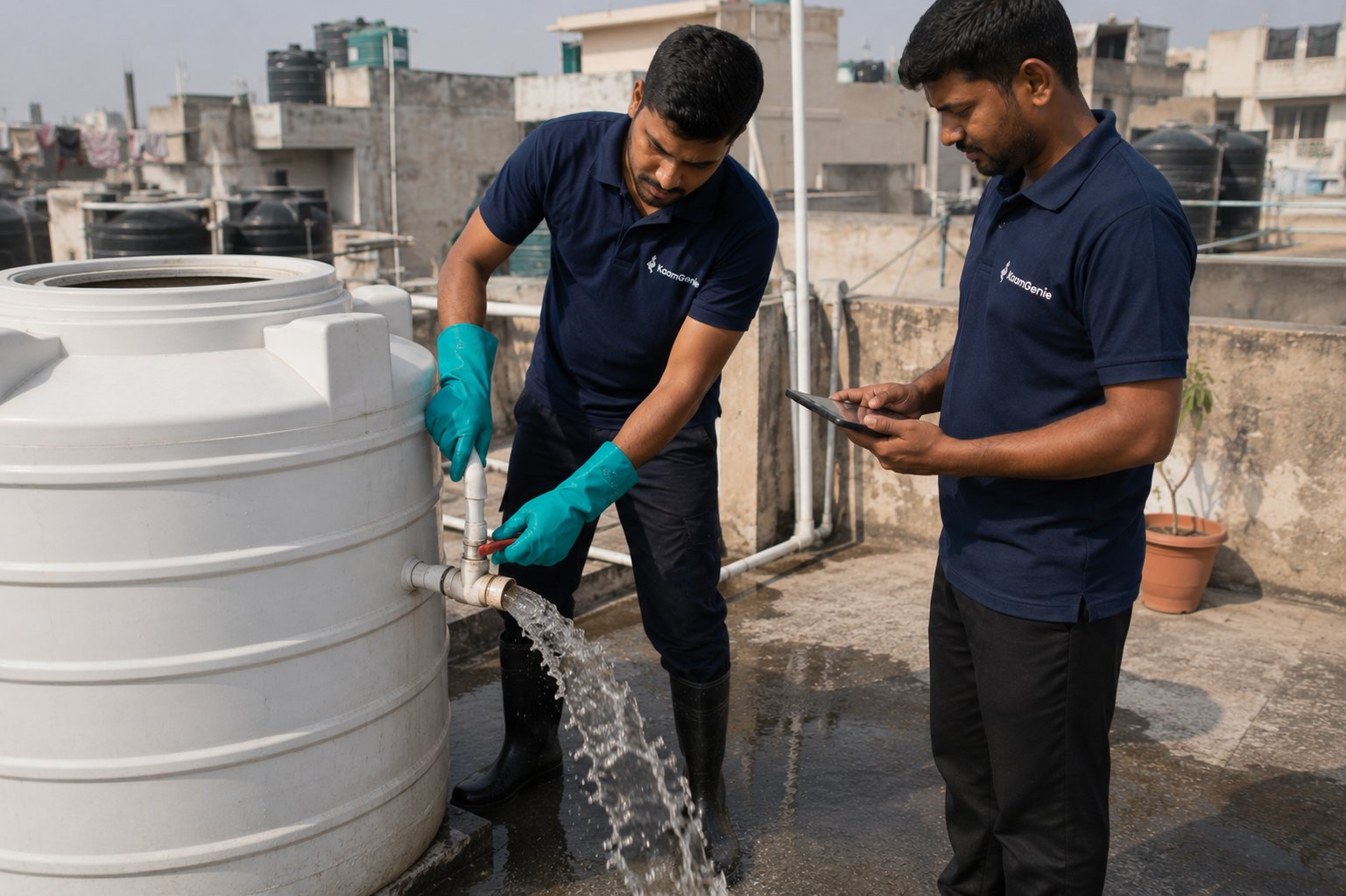 KaamGenie crew draining water from a plastic water tank on a Delhi rooftop - water flowing from the outlet valve while one crew member documents on a tablet