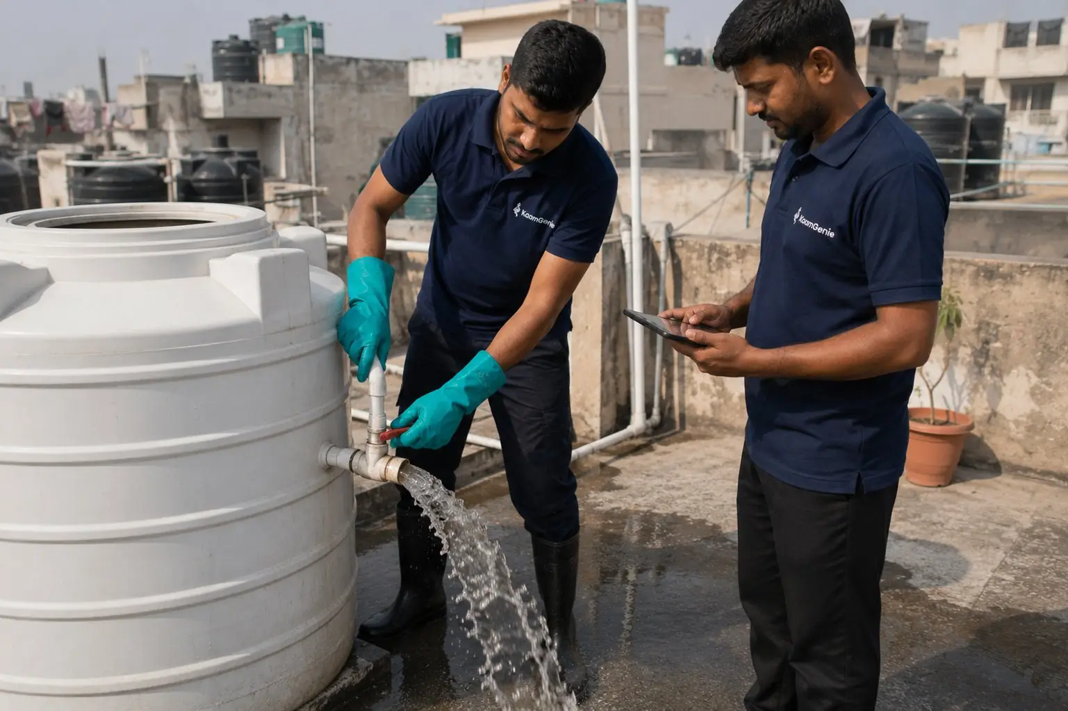 KaamGenie crew draining water from a plastic water tank on a Delhi rooftop - water flowing from the outlet valve while one crew member documents on a tablet