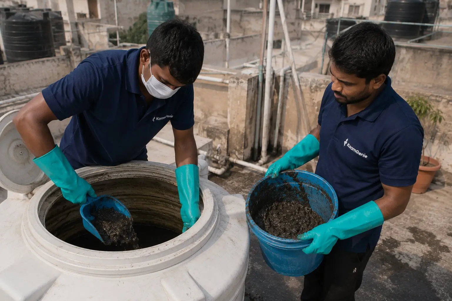 KaamGenie crew removing dark sludge from a plastic water tank on a Delhi rooftop - one crew member scoops sediment with a blue scoop while the other holds the bucket