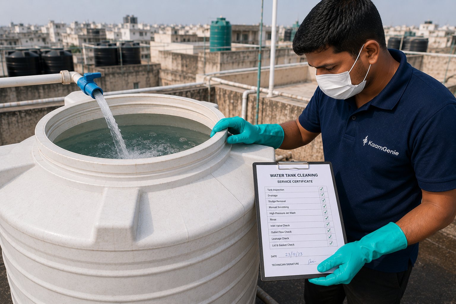 KaamGenie crew member holding a completed Water Tank Cleaning Service Certificate with all 10 checkpoints ticked, beside a plastic tank refilling with fresh water on a Delhi rooftop
