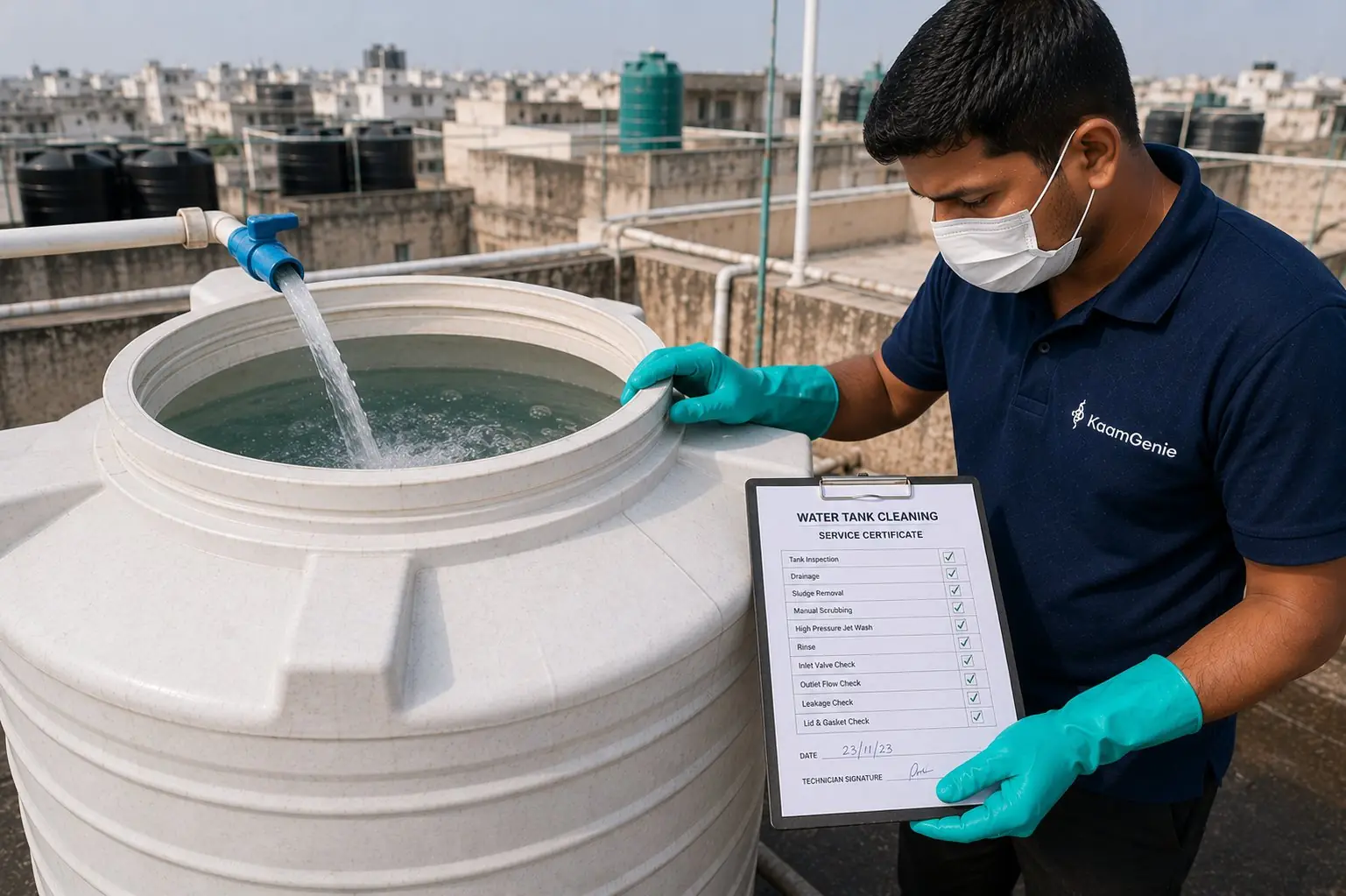 KaamGenie crew member holding a completed water tank cleaning record with all 10 checkpoints ticked, beside a plastic tank refilling with fresh water on a Delhi rooftop