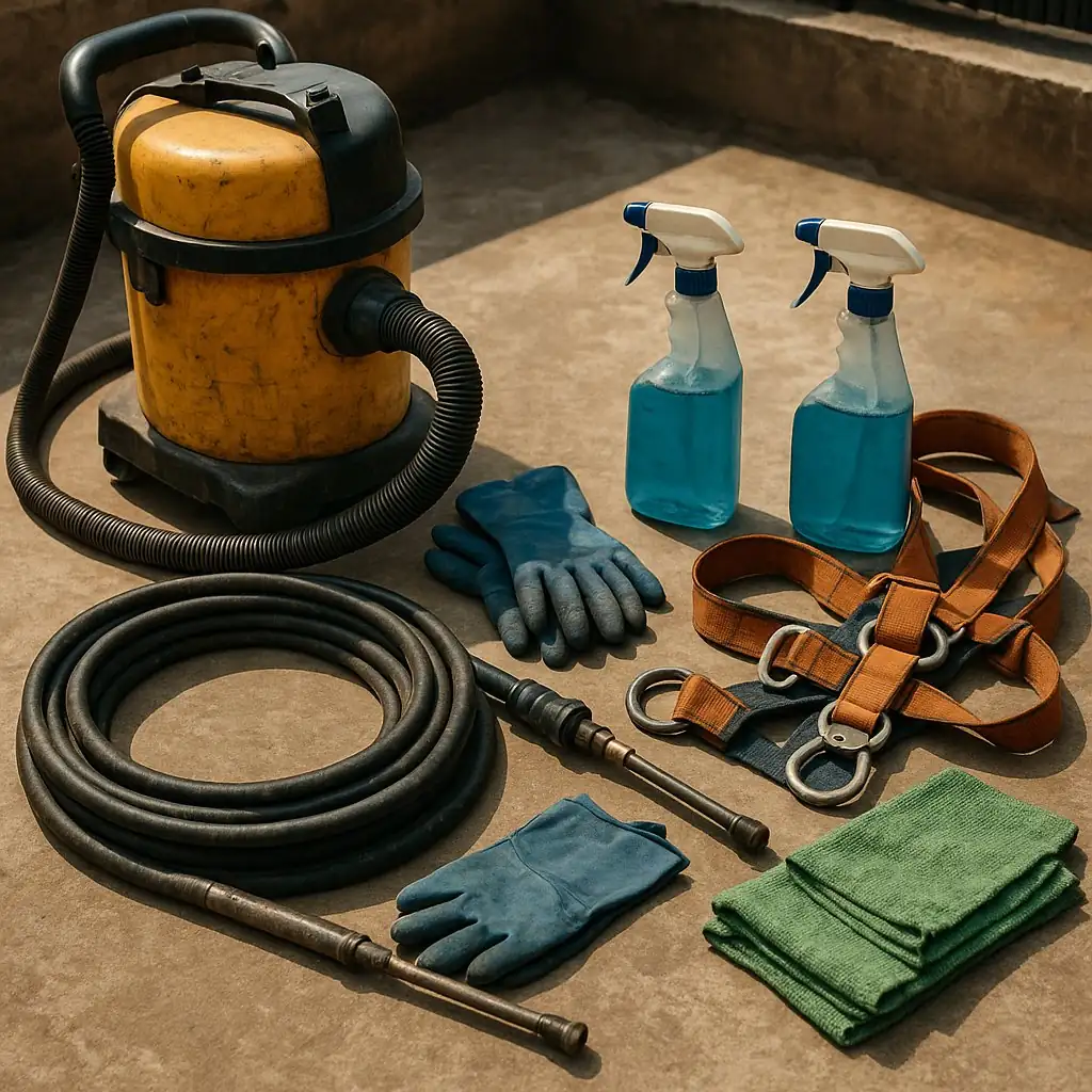 Water tank cleaning equipment - wet vacuum, jet wash lance, food-grade disinfectant spray, blue gloves, safety harness and microfiber cloths