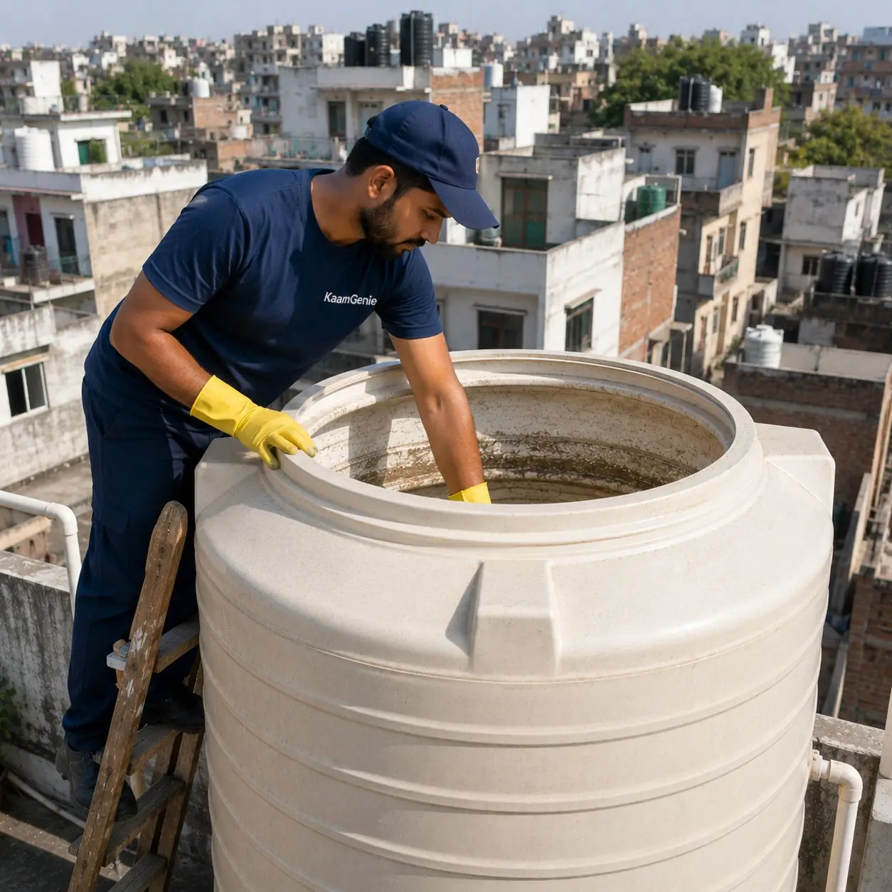 KaamGenie crew member on a step-ladder cleaning the inside of a heavily scaled overhead water tank on an Abul Fazal Enclave Phase 1 rooftop