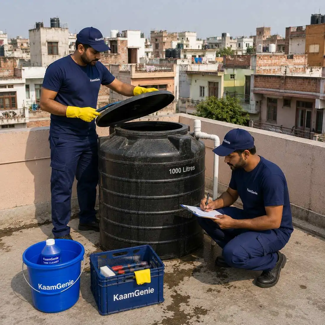 KaamGenie crew cleaning a water tank in Adarsh Nagar, West Delhi