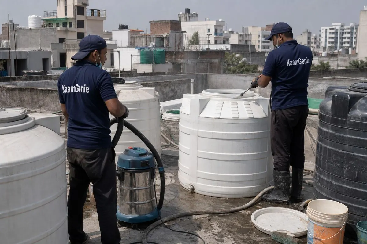KaamGenie crew cleaning a water tank in Adchini, Delhi