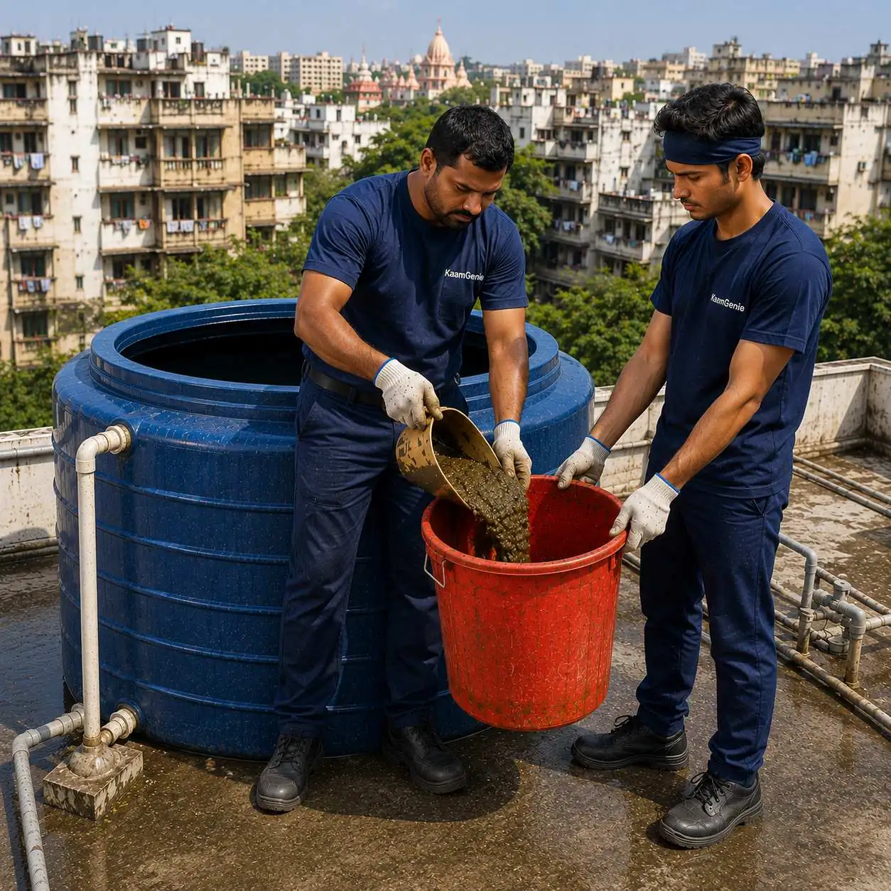 KaamGenie crew cleaning an overhead water tank on a Alaknanda rooftop in South Delhi