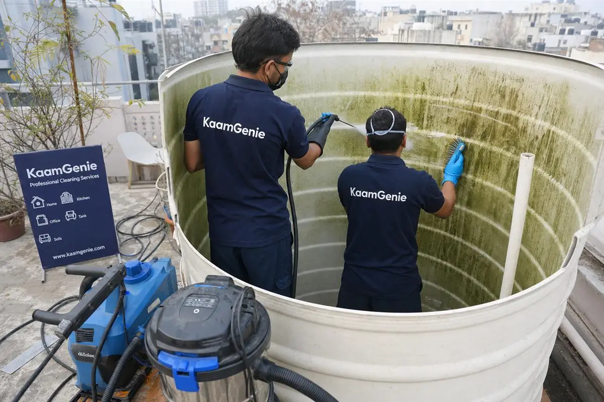 KaamGenie crew scrubbing green algae growth from the inner walls of a translucent overhead water tank on a Delhi terrace