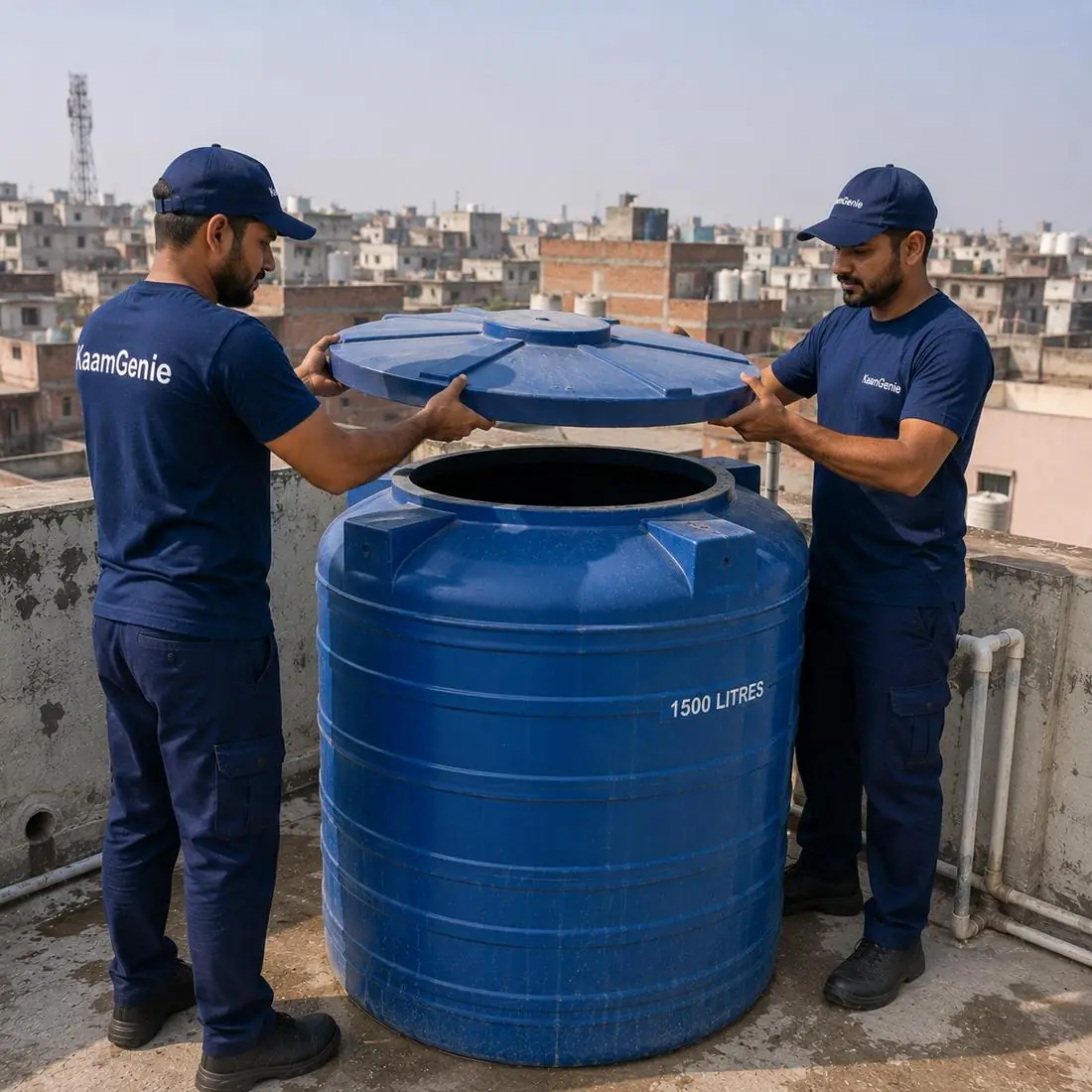 KaamGenie crew cleaning a water tank in Alipur, West Delhi