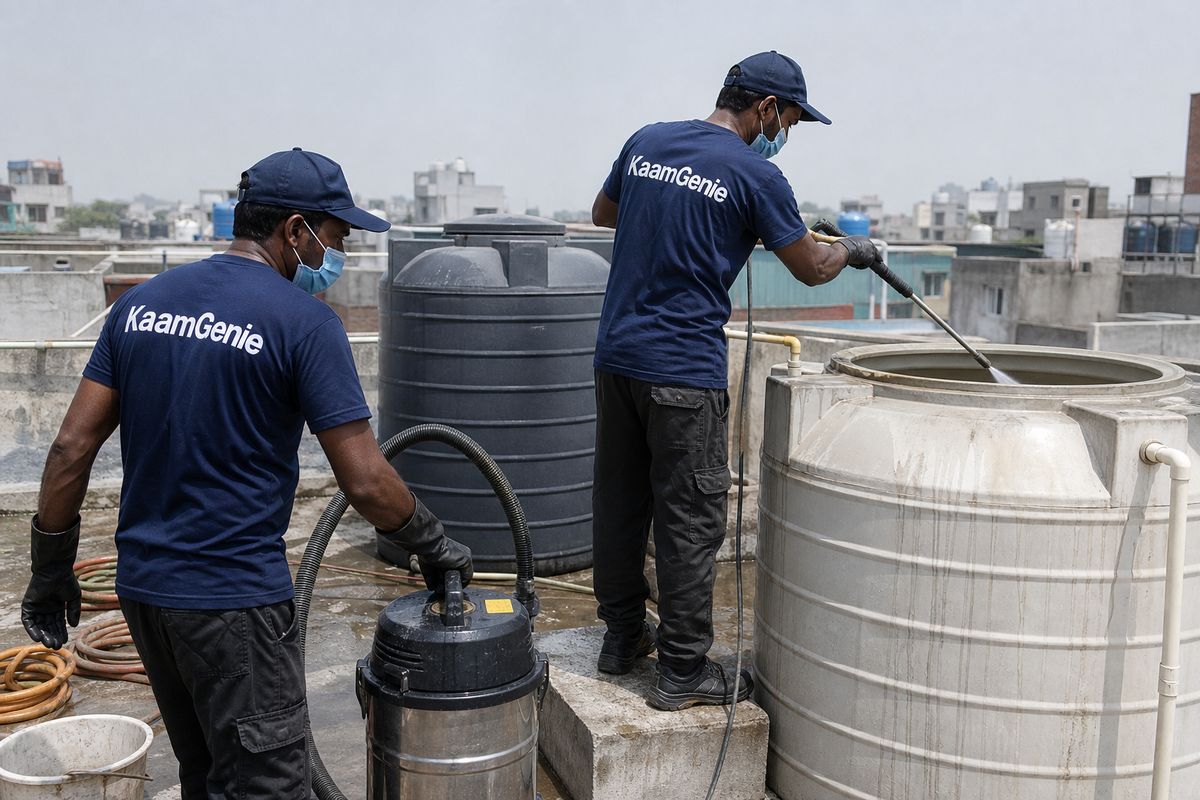 KaamGenie crew cleaning a water tank in Amar Colony, Delhi