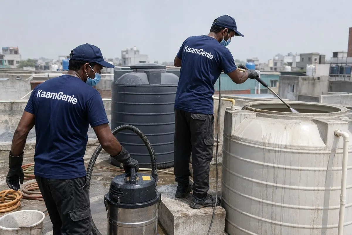 KaamGenie crew cleaning a water tank in Amar Colony, Delhi