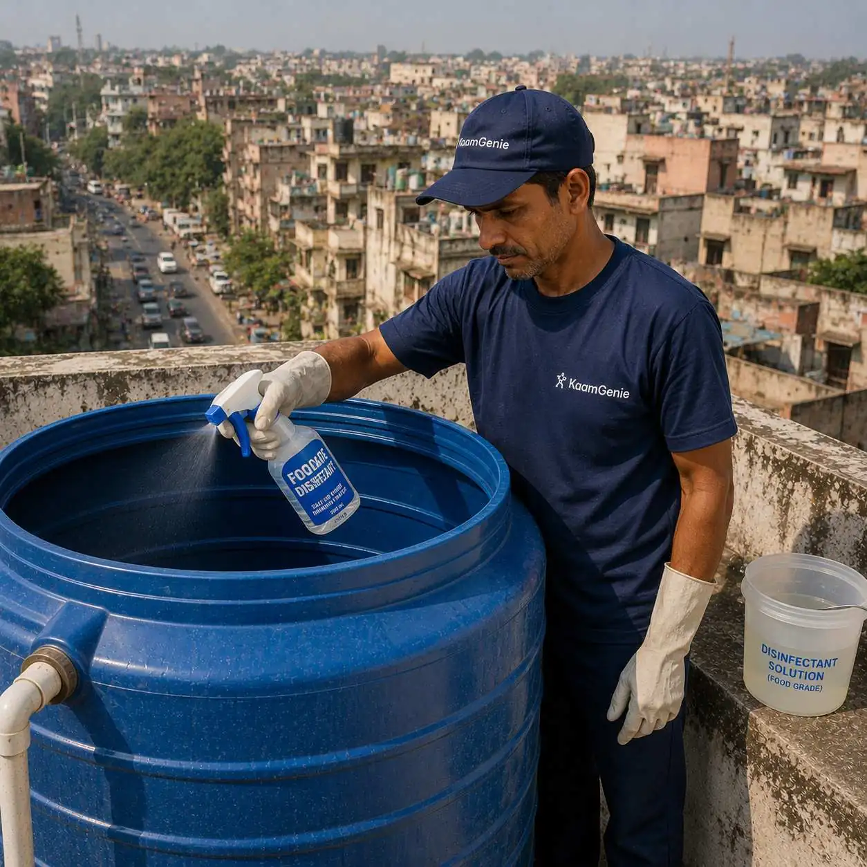 KaamGenie crew cleaning an overhead water tank on a Ambedkar Nagar rooftop in South Delhi