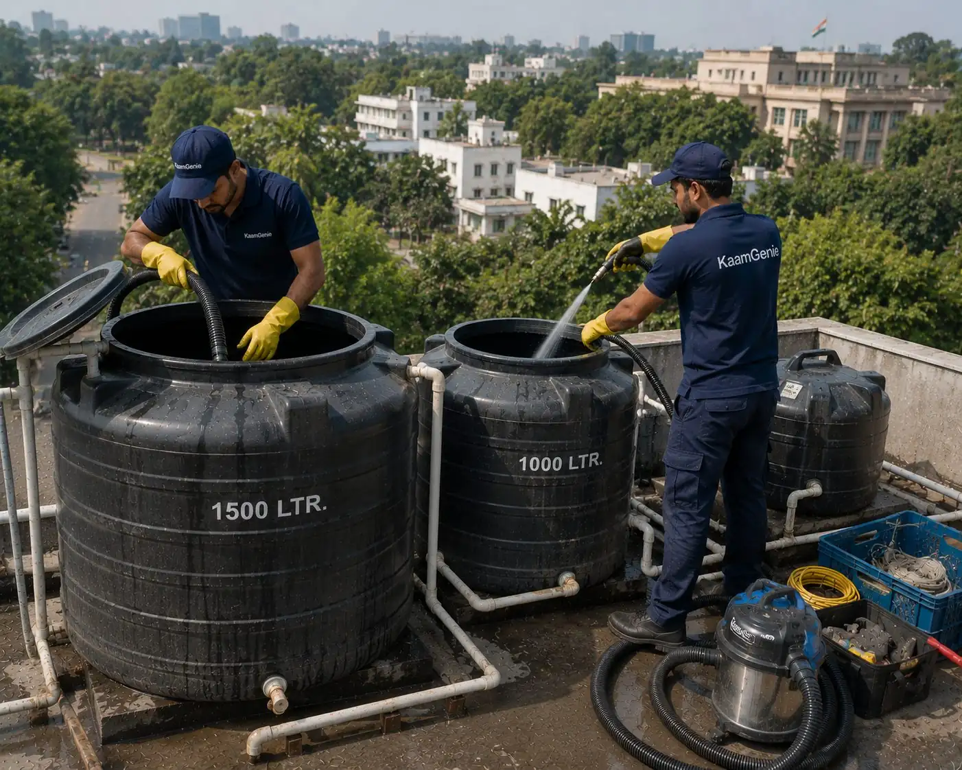 KaamGenie crew cleaning a water tank in Anand Niketan, South Delhi