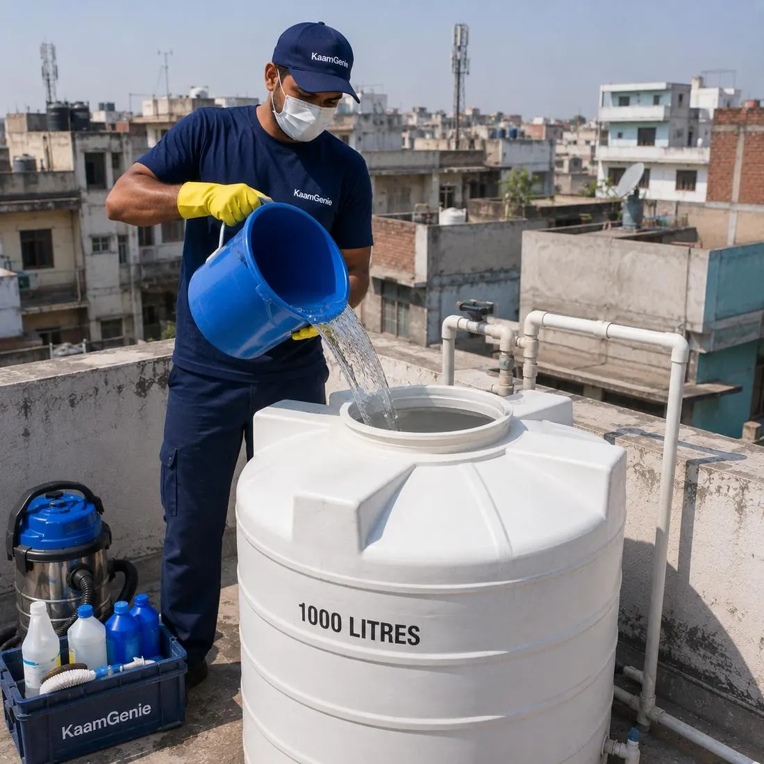KaamGenie crew cleaning a water tank in Anand Parbat, West Delhi
