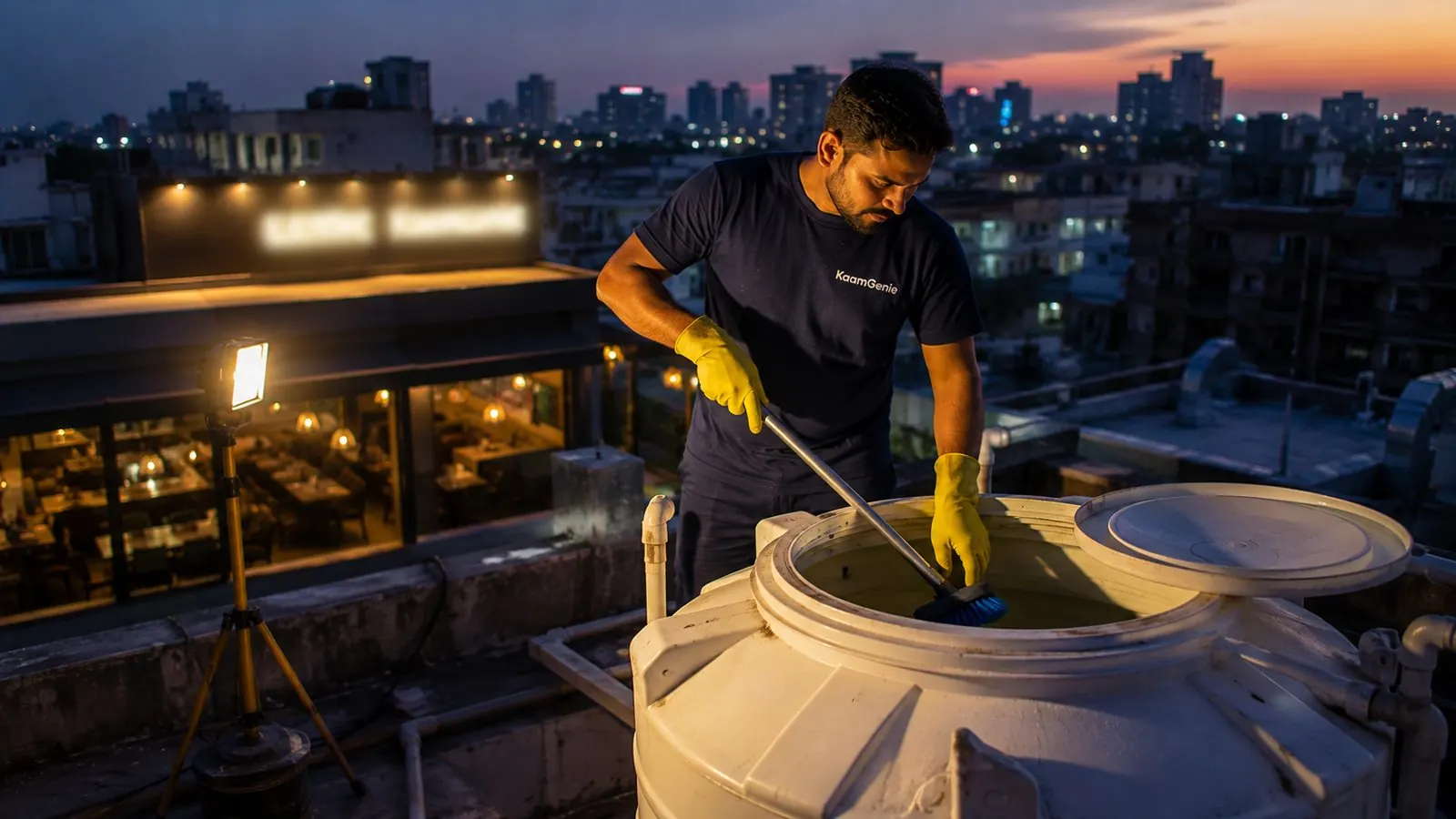 KaamGenie crew cleaning a water tank in Anand Vihar, East Delhi