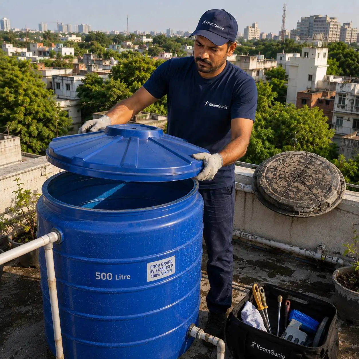 KaamGenie crew cleaning an overhead water tank on a Andrewsganj rooftop in South Delhi