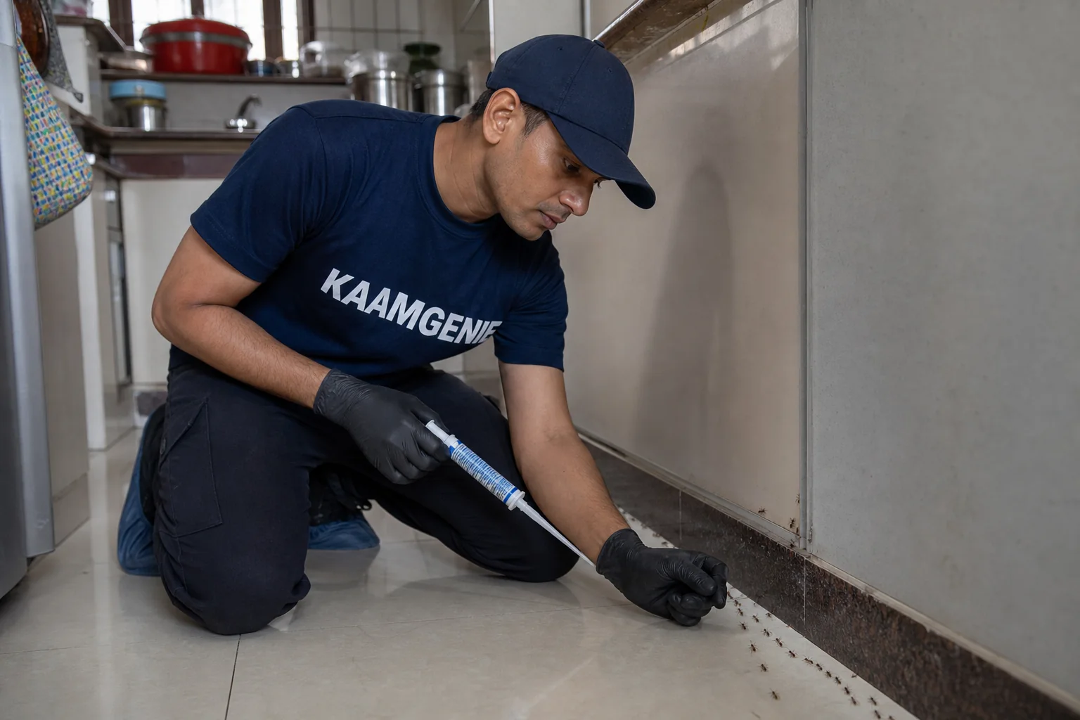 Close-up of KaamGenie technician placing a dot of ant gel bait directly on an ant trail along a Delhi kitchen skirting