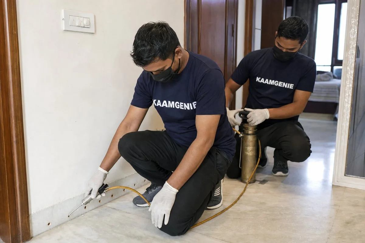 KaamGenie technician drilling and injecting anti-termite chemical along the wall-floor junction of a Delhi home during a post-construction treatment