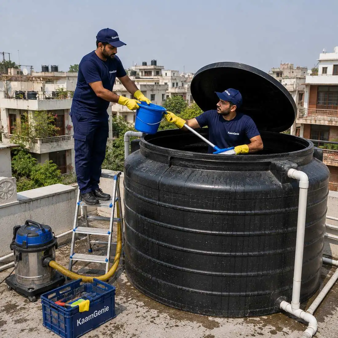 KaamGenie crew cleaning a water tank in Ashok Vihar, West Delhi