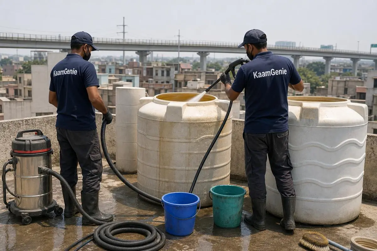 KaamGenie crew cleaning a water tank in Ashram, Delhi