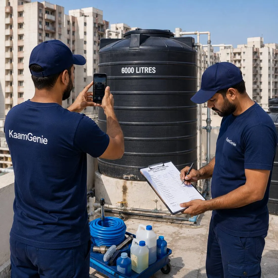 KaamGenie crew cleaning a water tank in Avantika, West Delhi
