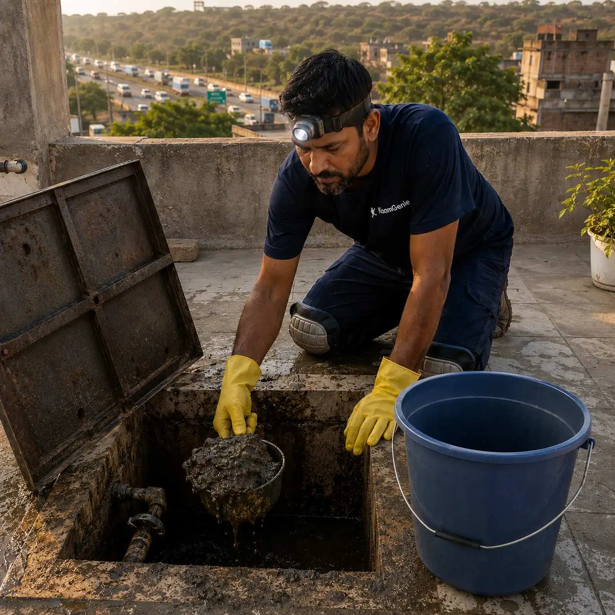 KaamGenie crew cleaning an overhead water tank on a Aya Nagar rooftop in South Delhi