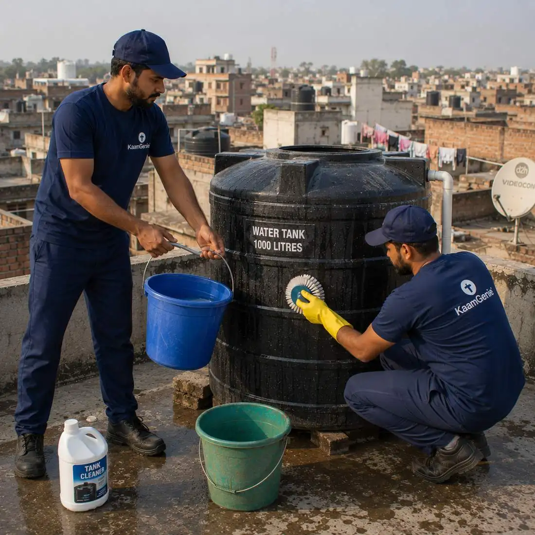 KaamGenie crew cleaning a water tank in Badarpur Khadar, East Delhi