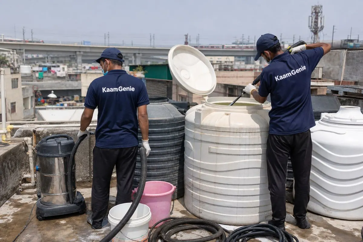 KaamGenie crew cleaning a water tank in Badarpur, Delhi