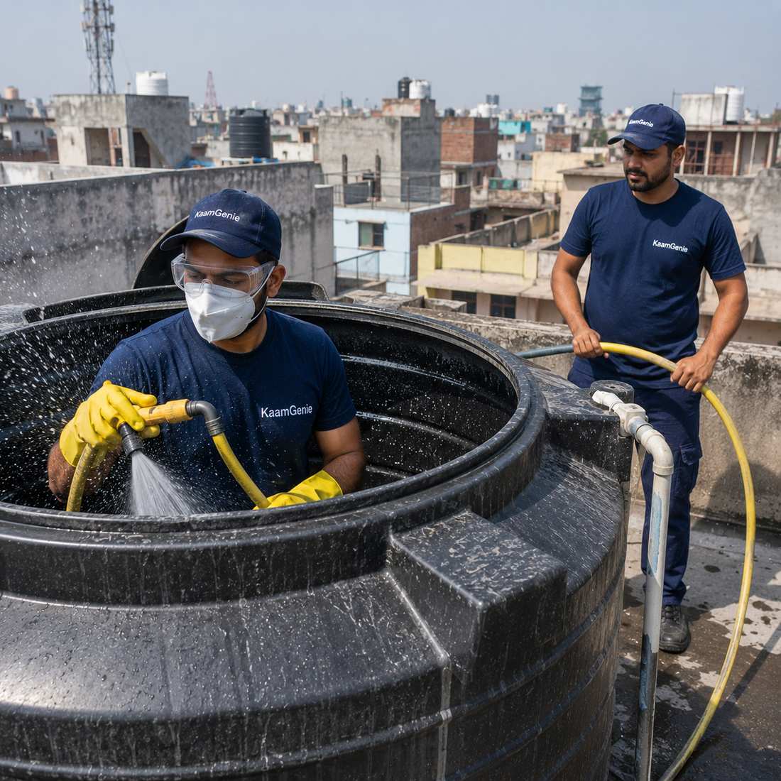KaamGenie crew cleaning a water tank in Bakkarwala, West Delhi
