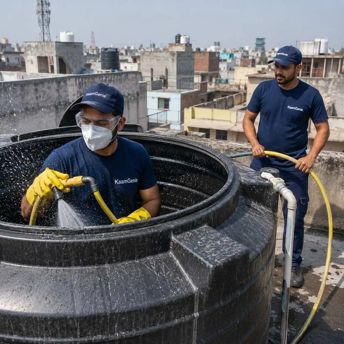 KaamGenie crew cleaning a water tank in Bakkarwala, West Delhi