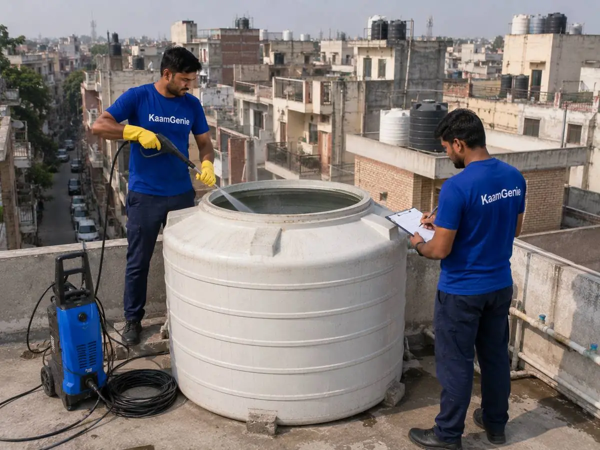 KaamGenie crew cleaning a water tank in Bali Nagar, West Delhi
