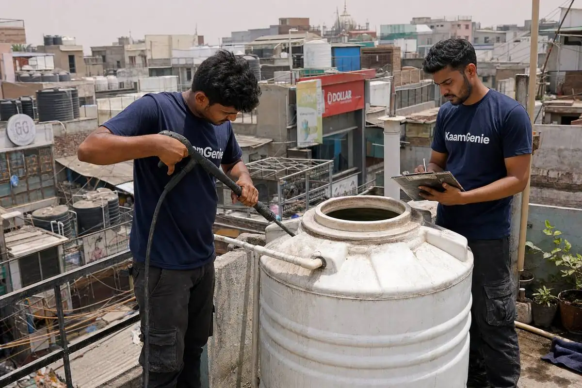 KaamGenie crew cleaning a water tank in Bara Tooti Chowk, North Delhi