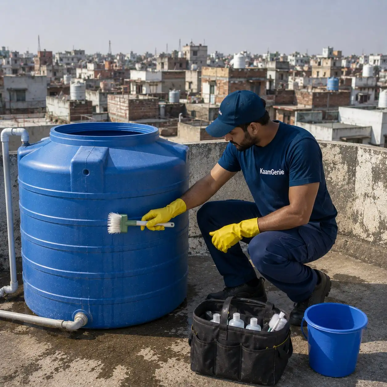 KaamGenie crew member cleaning a plastic overhead water tank on a Batla House Joga Bai area building rooftop