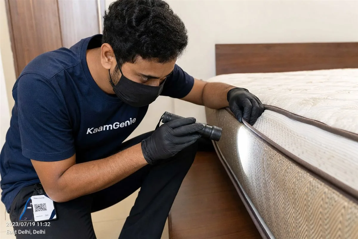 KaamGenie technician applying targeted bed bug treatment into the seams and frame joints of a bed in a Delhi home