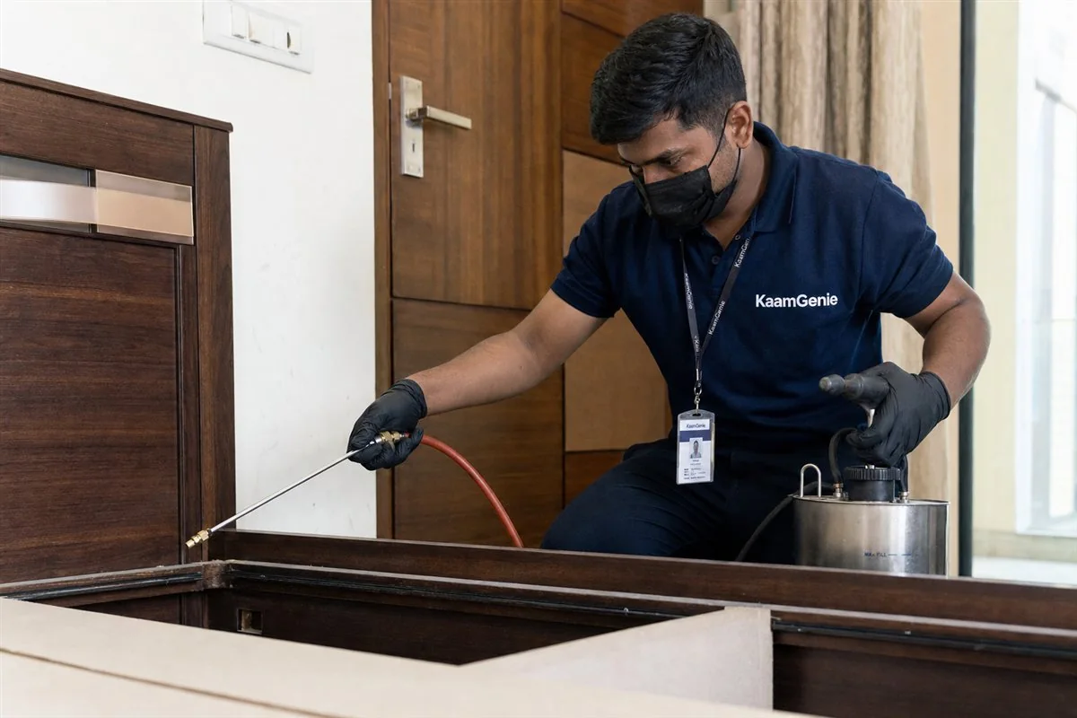 Bedding being hot-washed and bagged as bed bug treatment prep in a Delhi home