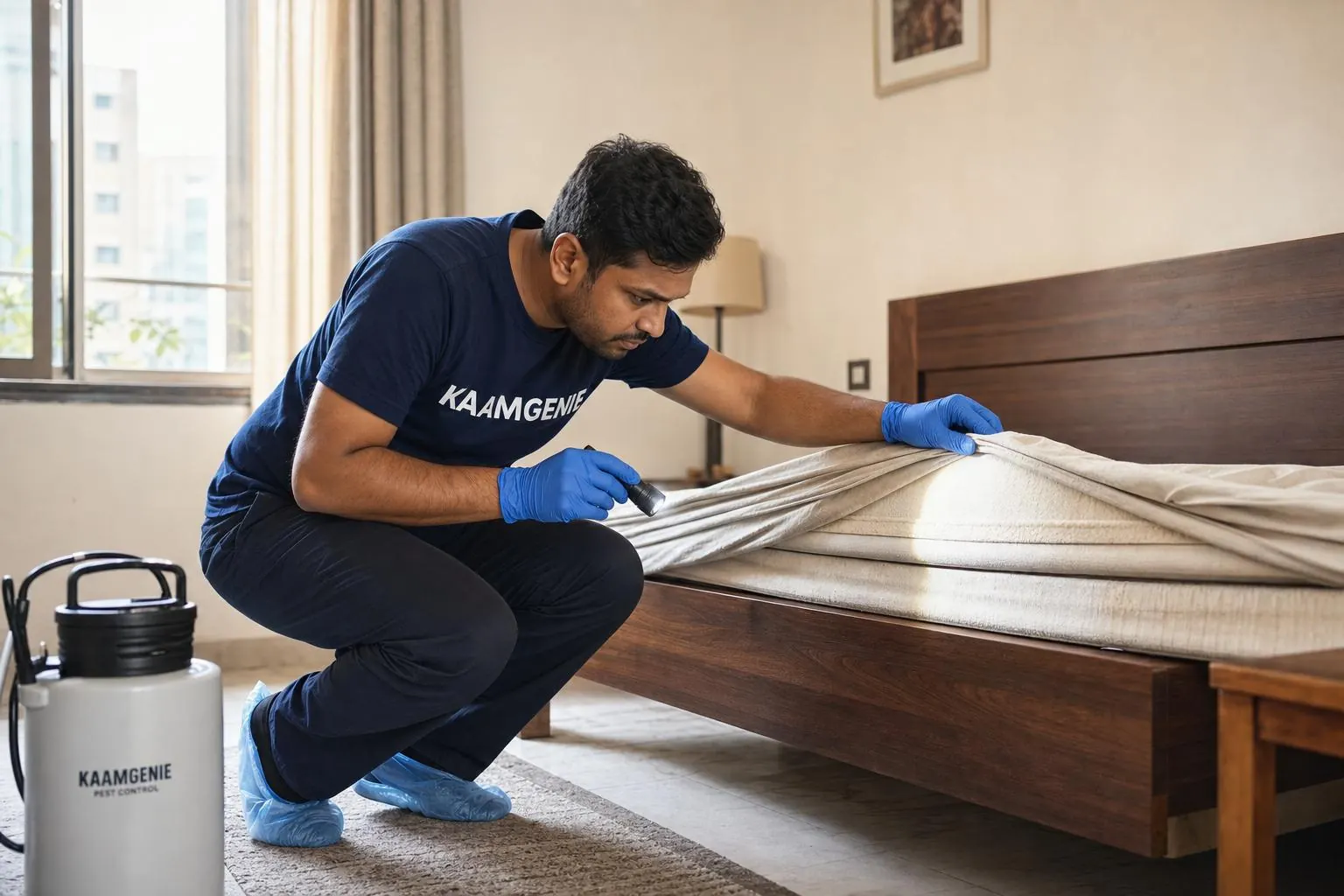KaamGenie pest technician inspecting a mattress seam and headboard for bed bugs in a Delhi bedroom with a torch