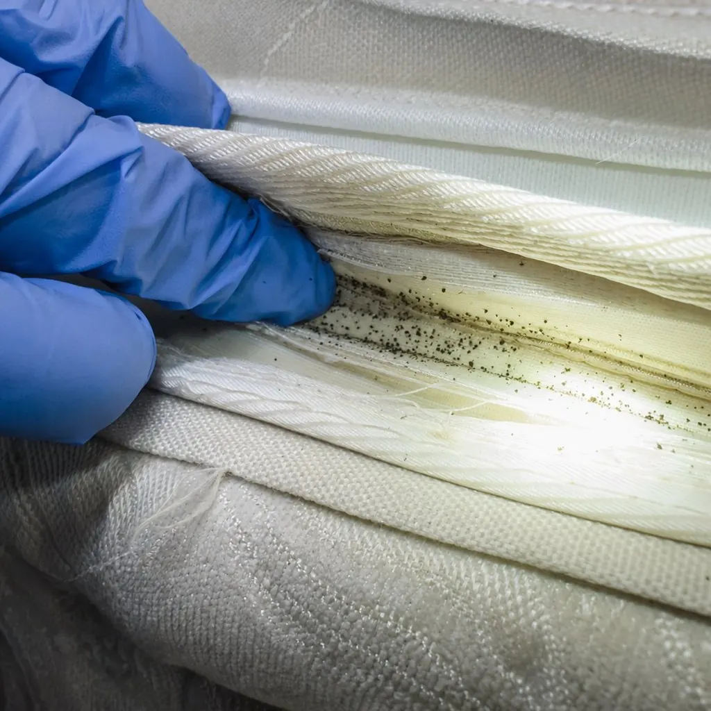 Close-up of a Delhi mattress seam showing dark fecal spotting and a bed bug harbourage point being inspected with a torch