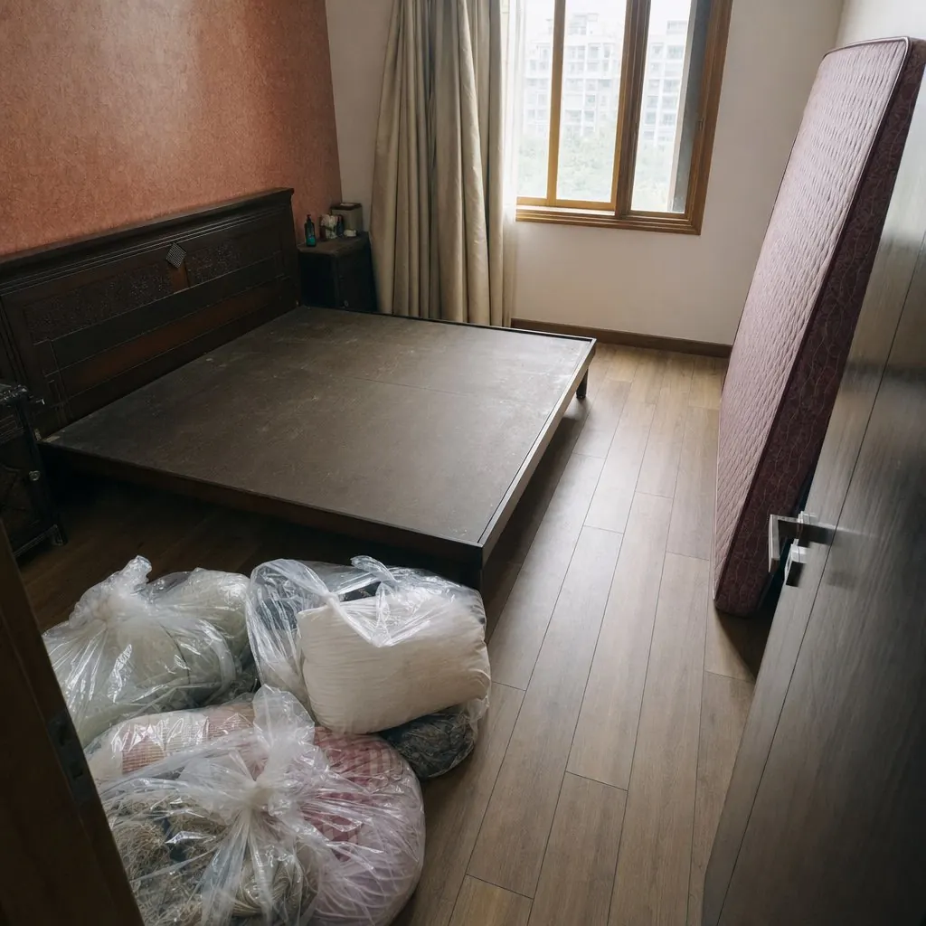 A Delhi bedroom prepared for bed bug treatment with the bed pulled away from the wall, mattress stripped, and bedding sealed in bags