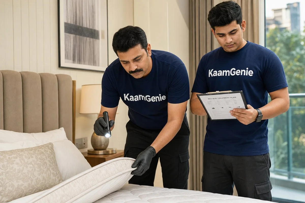 KaamGenie technician treating mattress and bunk-bed seams for bed bugs in a shared Delhi PG room