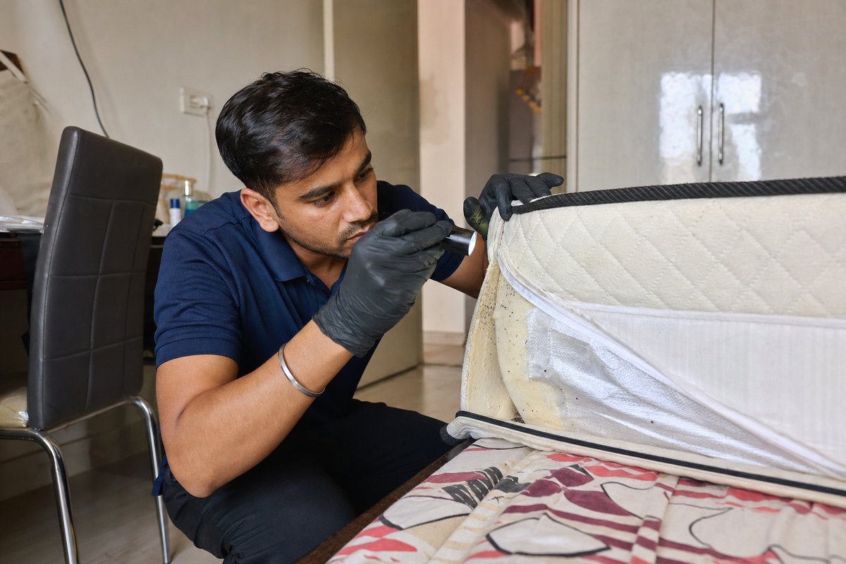 Close-up of KaamGenie technician examining mattress seams with a flashlight for bed bug evidence in a Delhi home
