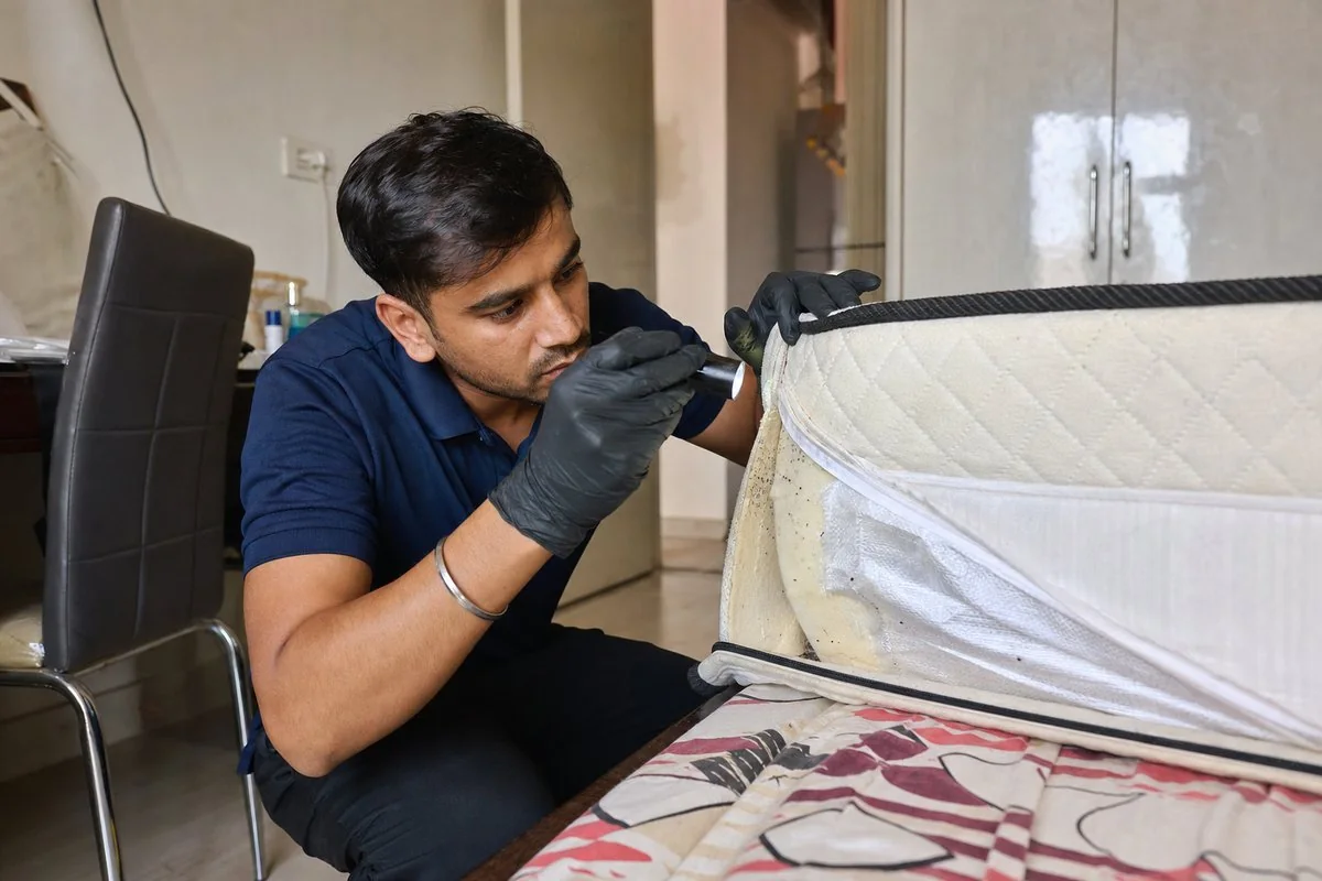 Close-up of KaamGenie technician examining mattress seams with a flashlight for bed bug evidence in a Delhi home