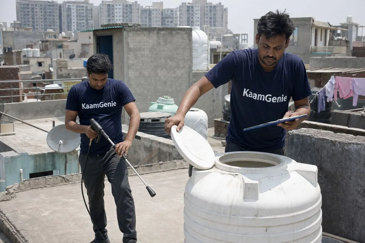 KaamGenie crew cleaning a water tank in Begumpur, North Delhi