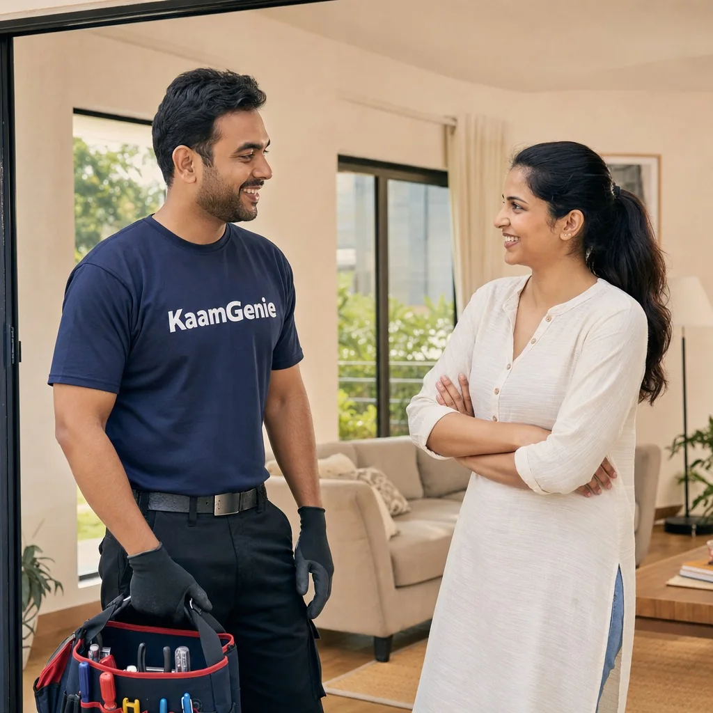 KaamGenie pest control technician and a Delhi homeowner shaking hands in her living room