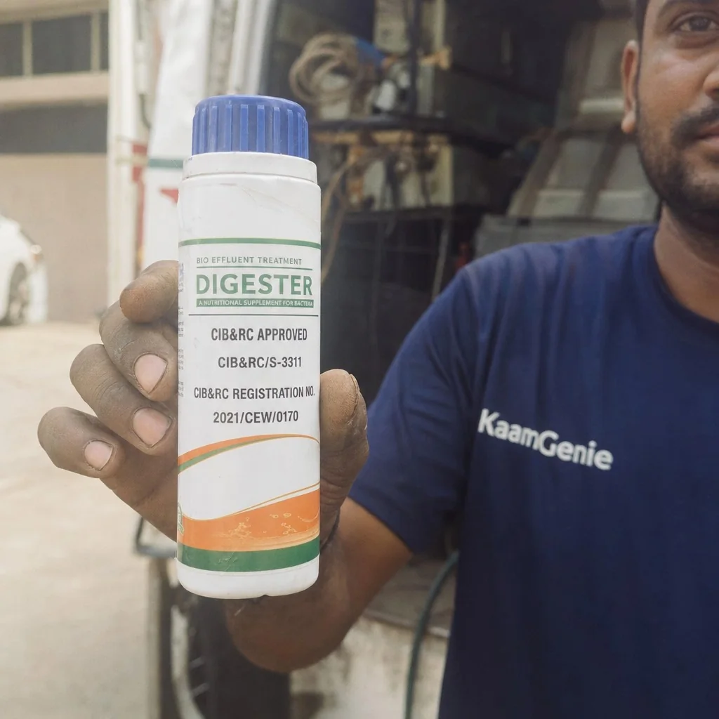 KaamGenie crew lead showing the warranty card and chemical bottle to a Delhi homeowner during a pest control inspection