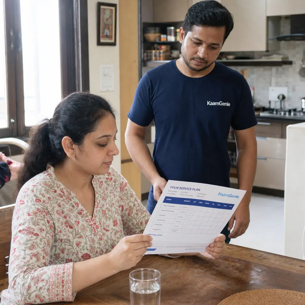 KaamGenie crew lead handing the warranty card and GST invoice to a Delhi homeowner after a pest control visit