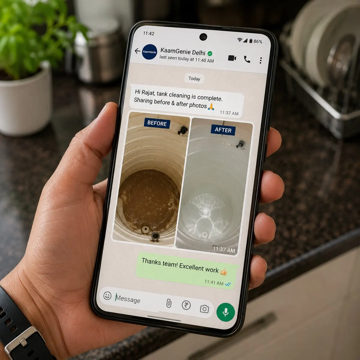 A Delhi homeowner viewing before-and-after photos of their water tank cleaning on a smartphone WhatsApp chat - documented proof of the work done by a professional water tank cleaning service