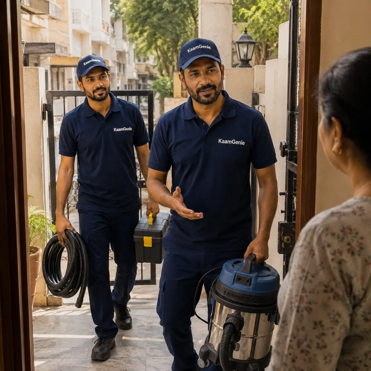 KaamGenie water tank cleaning crew in branded navy polos arriving at a Delhi home with equipment - a sign of a professional water tank cleaning service that introduces named team members