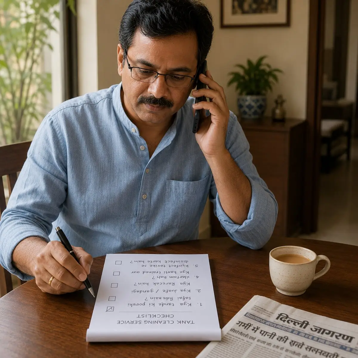 A Delhi homeowner on a phone call holding a printed checklist of questions to ask before booking a water tank cleaning service - five questions that separate trustworthy water tank cleaning companies from corner-cutters