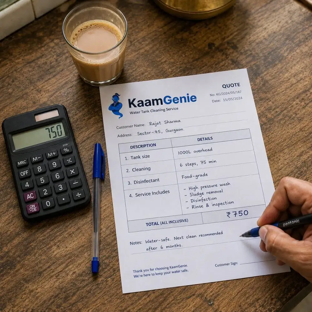 An itemized water tank cleaning quote on a Delhi kitchen counter showing tank size, chemicals, labour time and total price line-by-line - the kind of transparent written pricing a trustworthy water tank cleaning service in Delhi provides before arriving