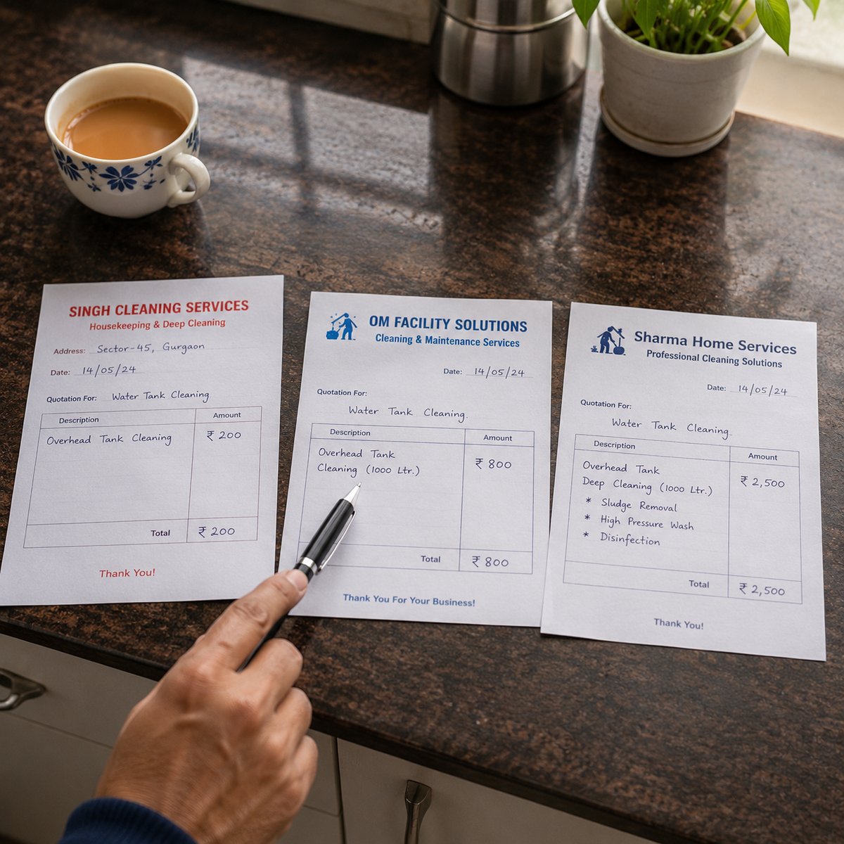 Three water tank cleaning quote slips side-by-side on a Delhi kitchen counter showing dramatically different prices - 200 rupees, 800 rupees and 2,500 rupees - illustrating Delhi's wide price range for the same tank cleaning job